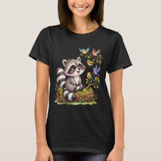 Sött Kawaii Tvättbjörn Fågelskådar Design T Shirt