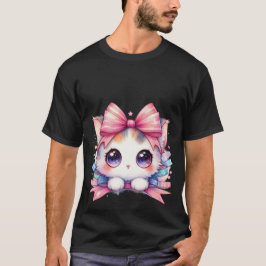 Sött Kawaii Vitt Kattunge Rosa Band Rosett Magisk T Shirt