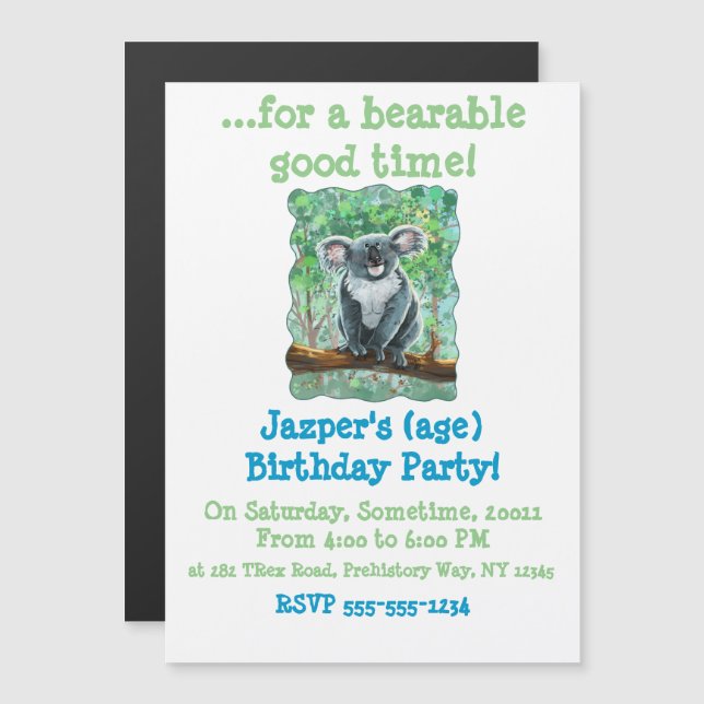 Sött Koala Björn Festcenter Magnetisk Inbjudningskort (Fram/baksida)