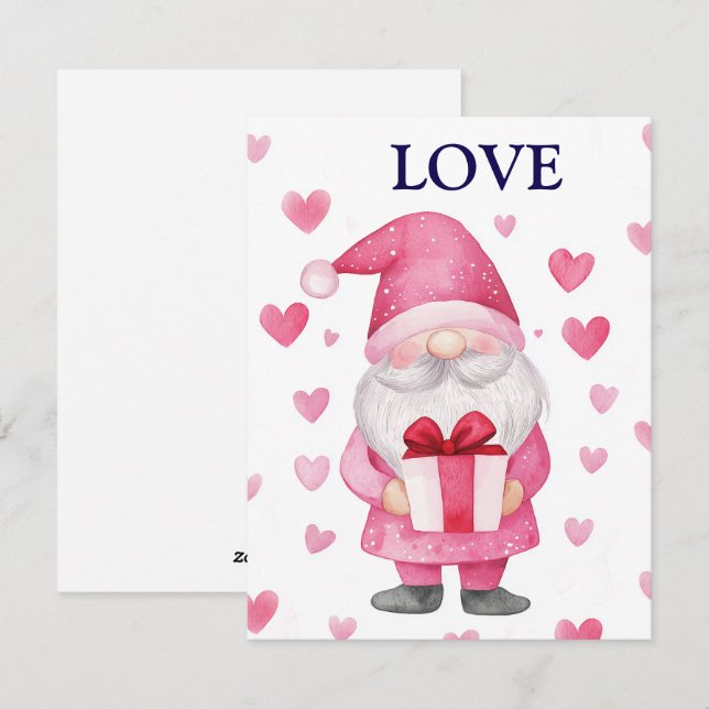 sött kort med en tecknad rosa tomte i kärlek  (Fram/baksida)
