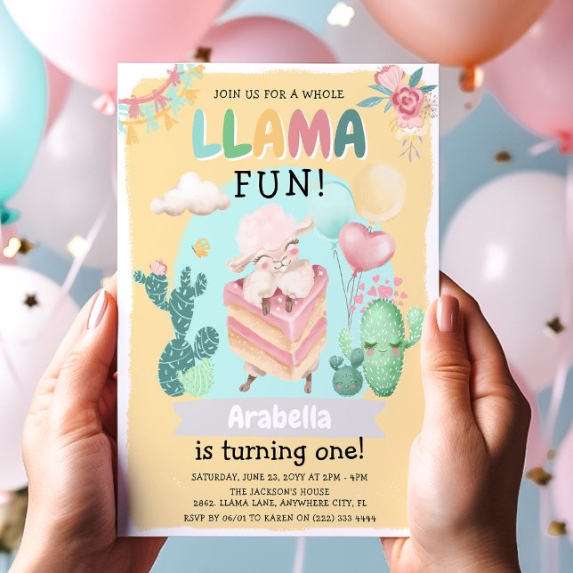Sött Lama Rol! Flickors 1-års födelsedagsfest Inbjudningar (Skapare uppladdad)