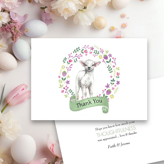 Sött lamm i en klotterblomma krans tackkort tack kort (Spring or Easter Thank you card from my Little Bunny & Little Lamb Baby Shower collection)