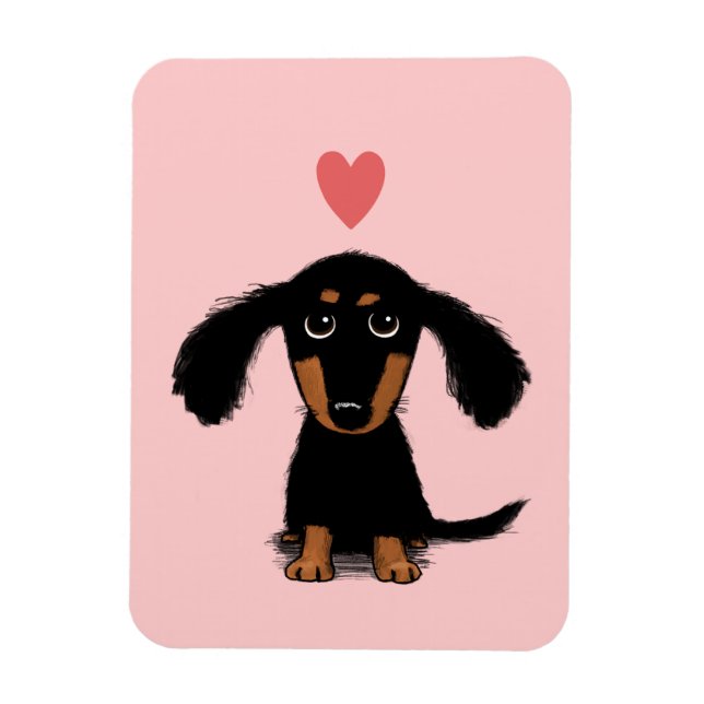 Sött Långhårigt Dachshundvalp med Hjärta Magnet (Vertikal)