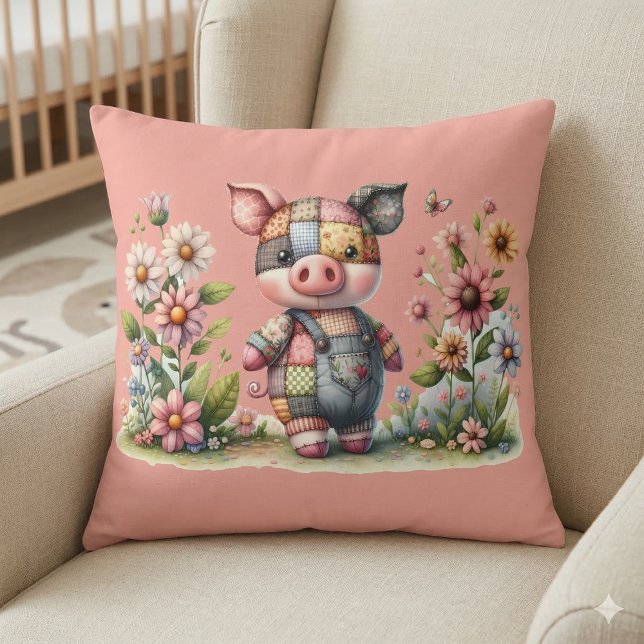 Sött lapptäcke smågris i blomsterträdgård kudde (Cute Patchwork Piglet in Floral Garden Throw Pillow Mockup A.)