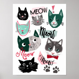 Sött lekhörna kul katt ansikten barn rum poster
