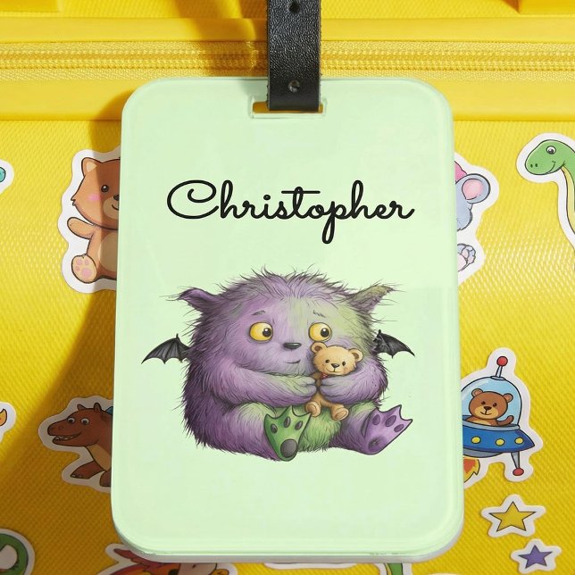 Sött lila grönt fluffigt monsterkompis bagagebricka (Skapare uppladdad)