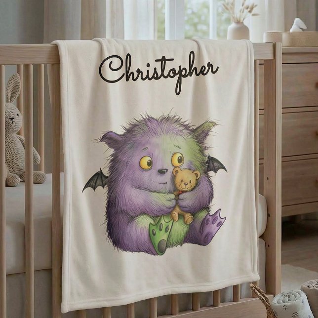 Sött lila grönt fluffigt monsterkompis fleecefilt (Skapare uppladdad)