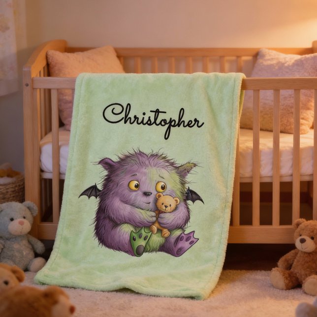 Sött lila grönt fluffigt monsterkompis fleecefilt (Skapare uppladdad)
