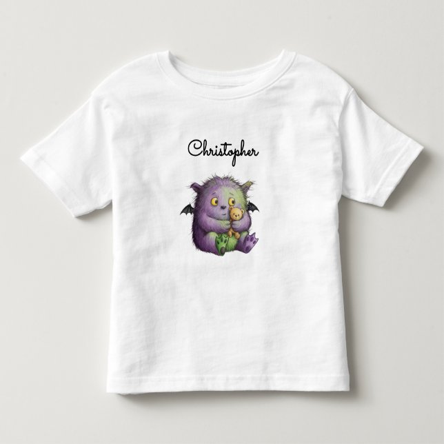 Sött lila grönt fluffigt monsterkompis t shirt (Framsida)