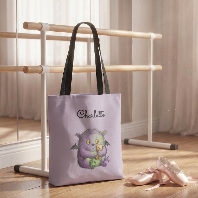 Sött lila grönt fluffigt monsterkompis tygkasse (Skapare uppladdad)