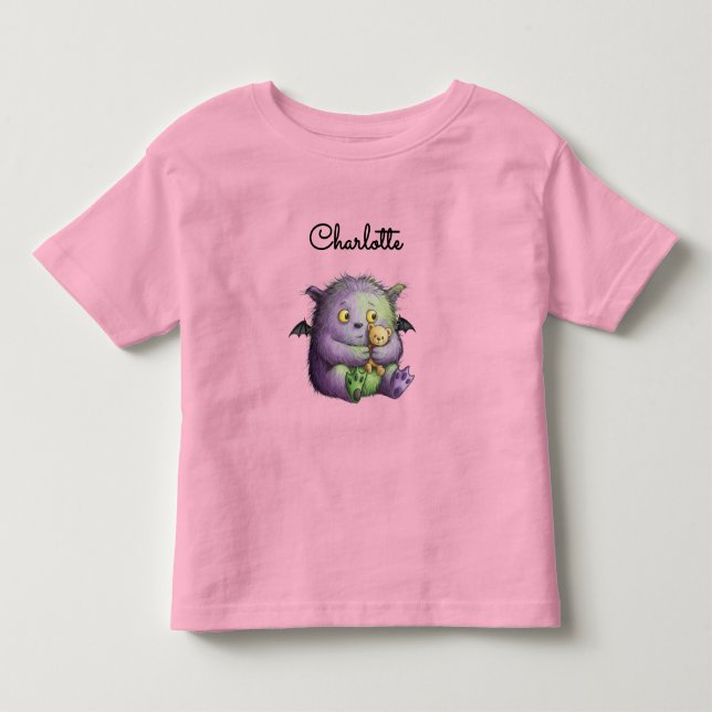 Sött lila grönt luddigt monsterkompis t shirt (Framsida)