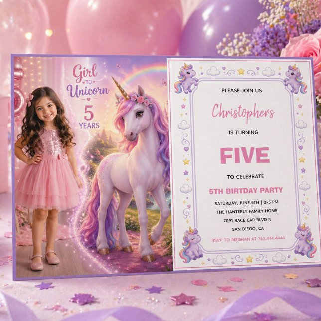 Sött Lila Pastell Magisk Enhörning 5-års Födelseda Inbjudningar (Cute Purple Pastel Magic Unicorn 5th Birthday Invitation
)