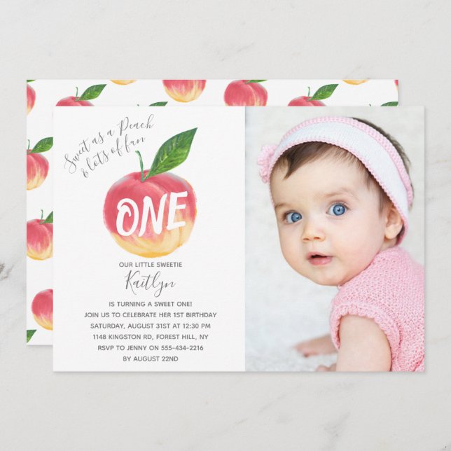 Sött lilla persikofoto 1:a födelsedagsfoto inbjudningar (Fram/baksida)