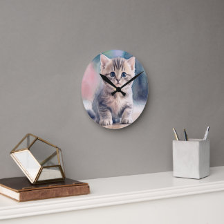 Sött litet Katt Vattenfärgstryck Rund Klocka
