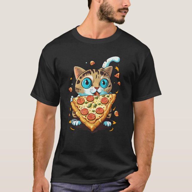 Sött litet kattunge äter pizza t shirt (Framsida)