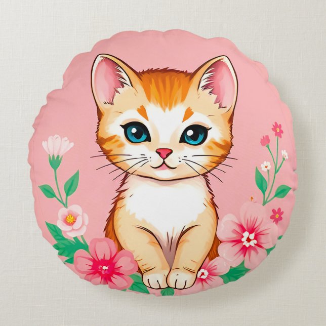 Sött litet kattunge blomsterträdgård lycka rund kudde (Framsidan)