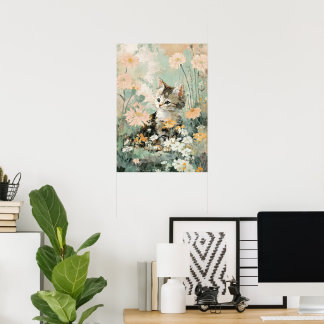 Sött litet kattunge i blommor Cottagecore-estetik  Poster