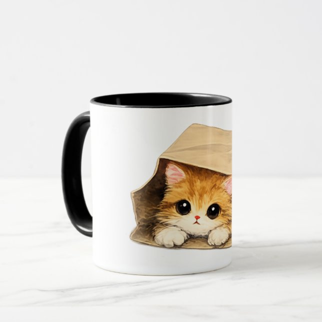 Sött litet kattunge i en papperspåse Mugg (Framsida vänster)