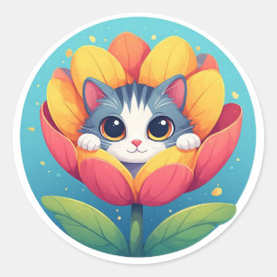 Sött litet kattunge inklämt i en blommande blomma runt klistermärke