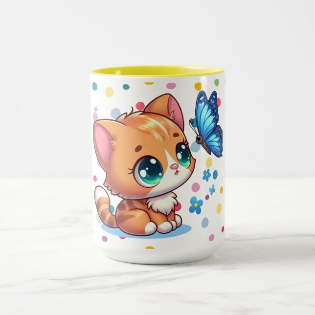 Sött litet kattunge/katt & fjäril  mugg (Center)