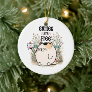 Sött litet kattunge "Leenden är gratis" Whimsical Julgransprydnad Keramik