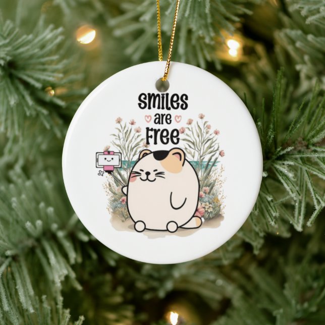 Sött litet kattunge "Leenden är gratis" Whimsical  Julgransprydnad Keramik (Träd)