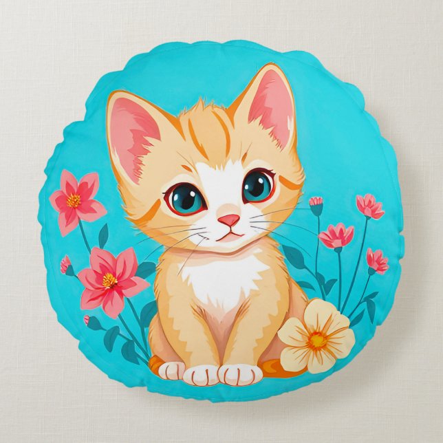 Sött litet kattunge med blommor rund kudde (Framsidan)