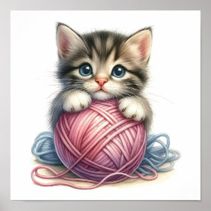 Sött litet kattunge med garnboll Whimsical katt Poster
