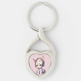 Sött litet kattunge med hörlurar charm twisted heart silverfärgad nyckelring