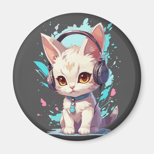 Sött litet kattunge med hörlurar Magi Magnet (Framsidan)