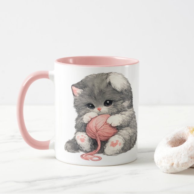 Sött litet kattunge med rosa garn-mugg mugg (Med munk)