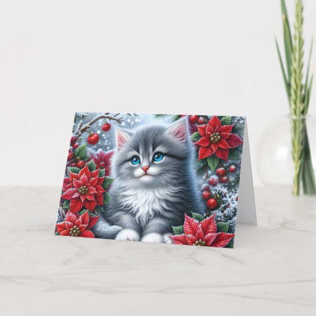 Sött litet kattunge och julstjärna helgkort (Framsida)