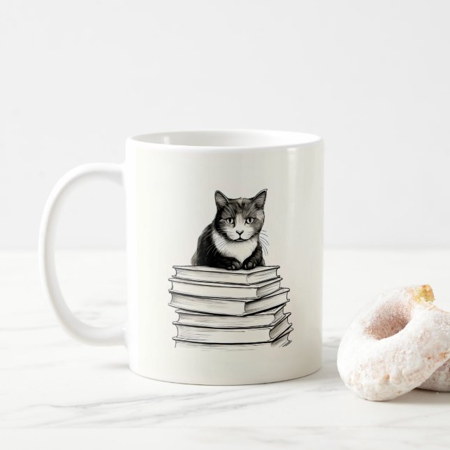 Sött litet kattunge på böcker kaffemugg (Med munk)