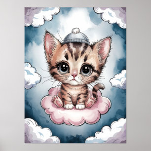 Sött litet kattunge på en moln - Bedårande akvarel Poster