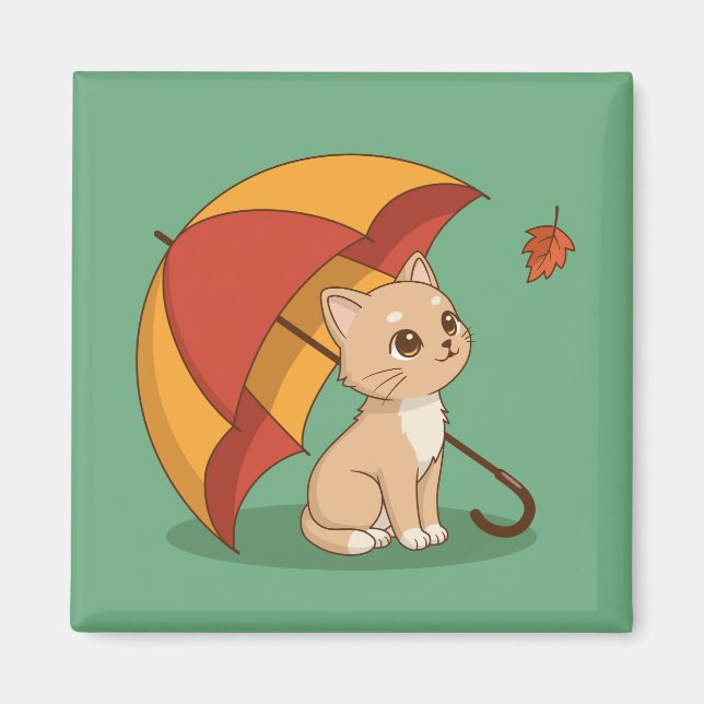 Sött litet kattunge Rött Gult Paraply Fall Grönt Magnet (Framsidan)