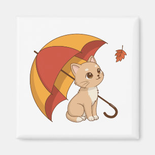 Sött litet kattunge Rött Gult Paraply Fall Magnet