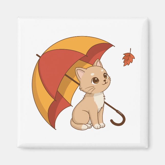 Sött litet kattunge Rött Gult Paraply Fall Magnet (Framsidan)