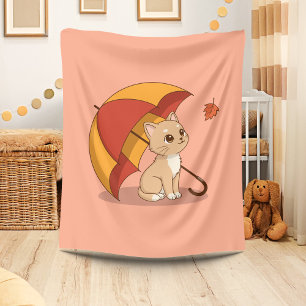 Sött litet kattunge Rött Gult Paraply Fall Rosa Fleecefilt