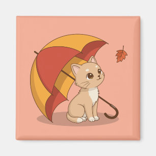 Sött litet kattunge Rött Gult Paraply Fall Rosa Magnet