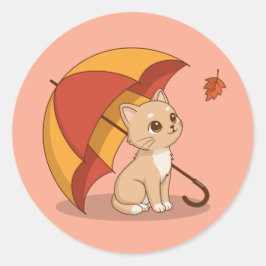 Sött litet kattunge Rött Gult Paraply Fall Rosa Runt Klistermärke