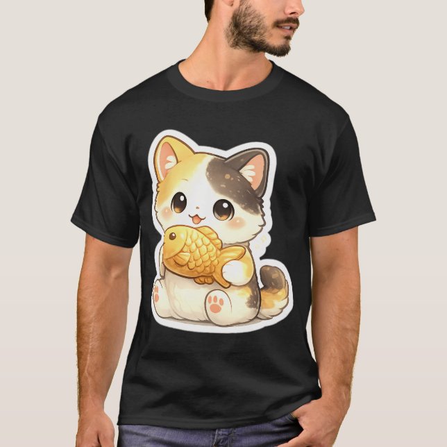Sött litet kattunge som håller guldfisk t shirt (Framsida)