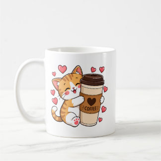 Sött litet kattunge som kramar kaffekopp-mugg kaffemugg