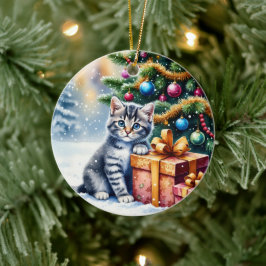 Sött litet kattunge under julgranen julgransprydnad keramik