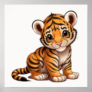 Sött litet tigerbarn som sitter på vit bakgrund poster
