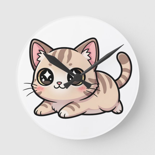Sött Ljugande Tabby Kattunge Kawaii Stil Rund Klocka (Framsida)