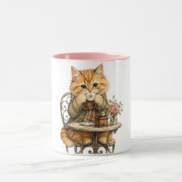 Sött Luddigt Katt Dricker Kaffe Vintage Vattenfärg Mugg