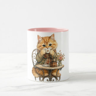 Sött Luddigt Katt Dricker Kaffe Vintage Vattenfärg Mugg