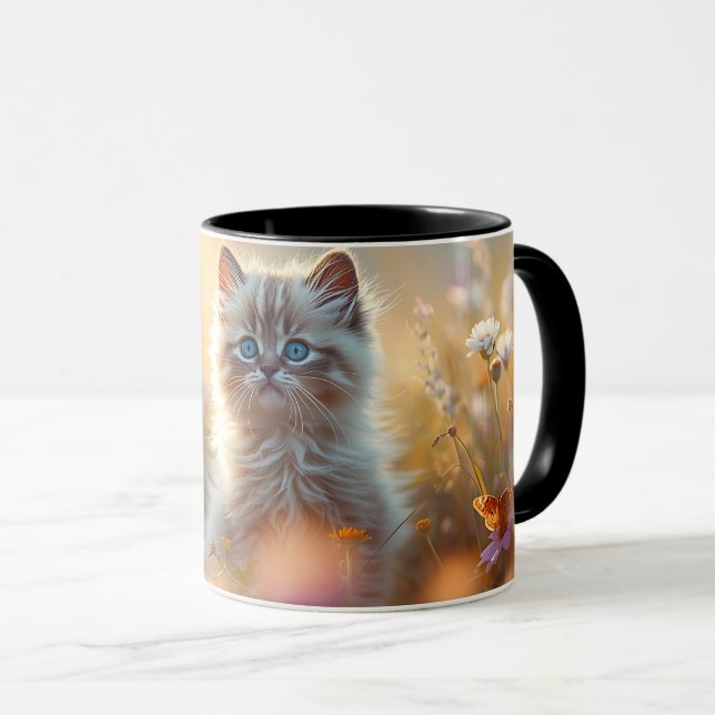 Sött Luddigt Kattunge i Vildblommor Kaffemugg (Framsida höger)