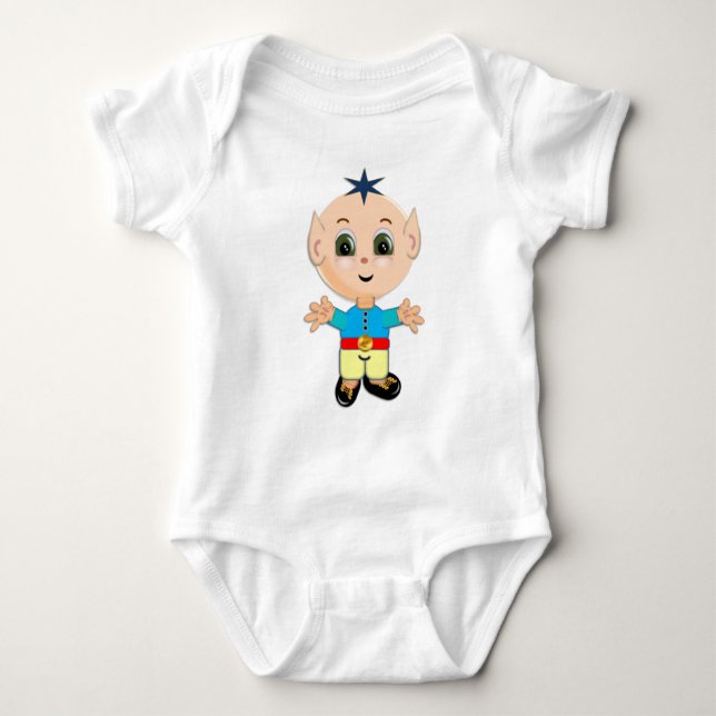 Sött lyckligt bebis-elf i blå och gula kläder t-shirt (Framsida)
