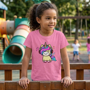 Sött Lyckligt Kawaii Baby Enhörning med Hörlurar T Shirt